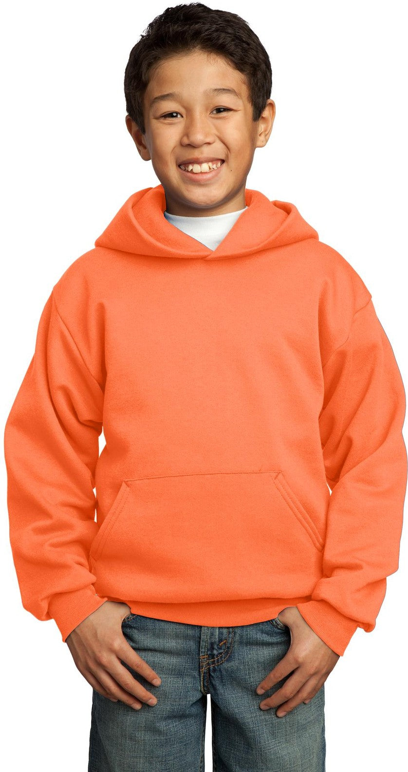 Front View of Neon Orange Port & Co Youth Core Fleece Pullover Hooded Sweatshirt. PC90YH