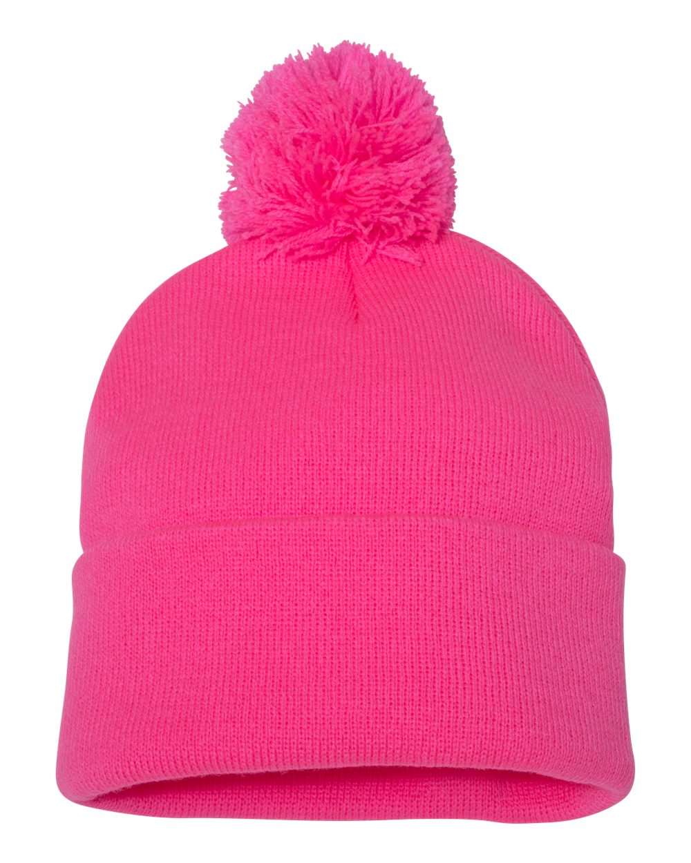 Front View of Neon Pink 12" Pom-Pom Cuffed Beanie - SP15