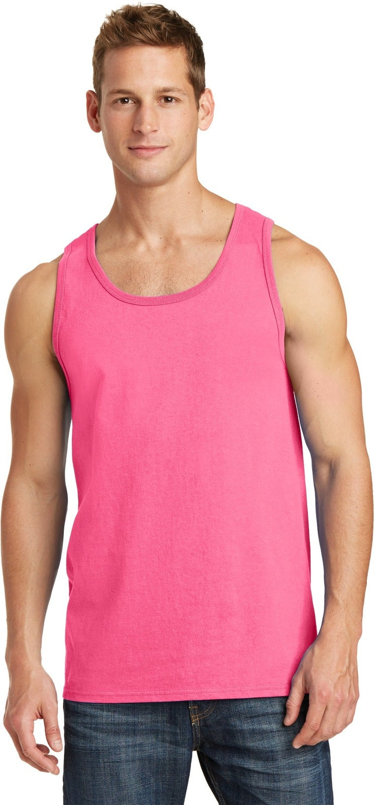 Front View of Neon Pink Port & Co Core Cotton Tank Top. PC54TT