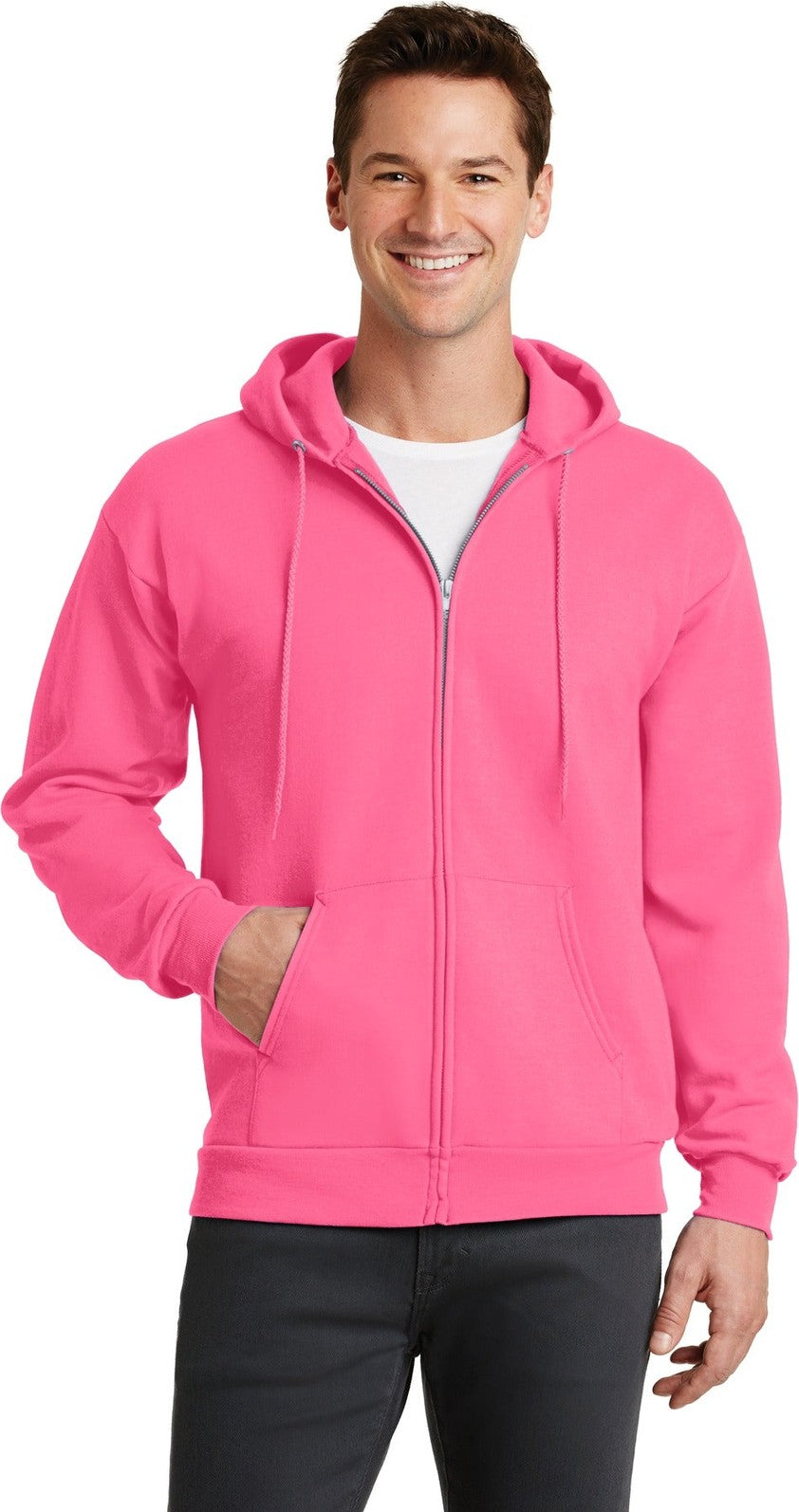 Front View of Neon Pink Port & Co Core Fleece Full-Zip Hooded Sweatshirt. PC78ZH