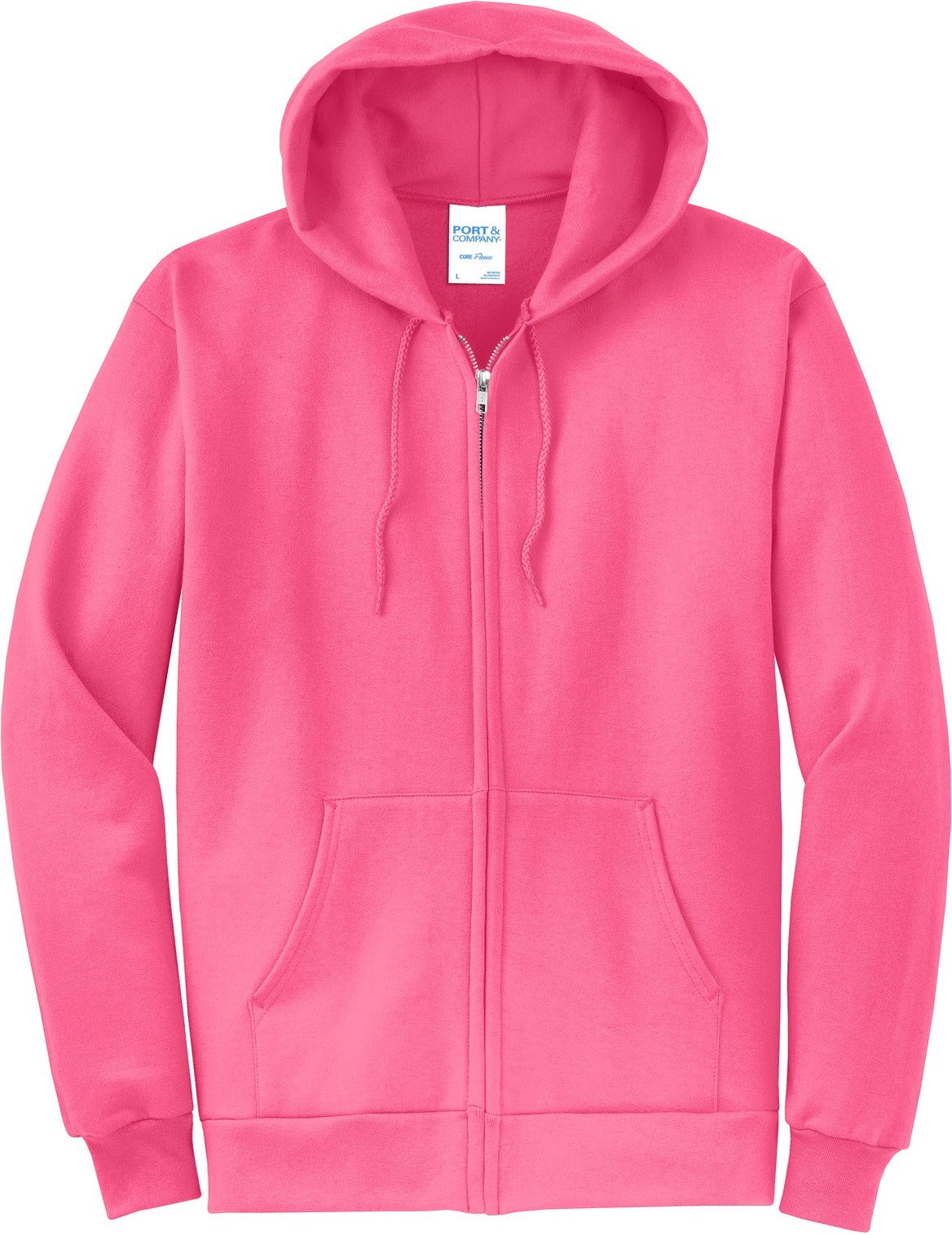Front View of Neon Pink Port & Co Core Fleece Full-Zip Hooded Sweatshirt. PC78ZH