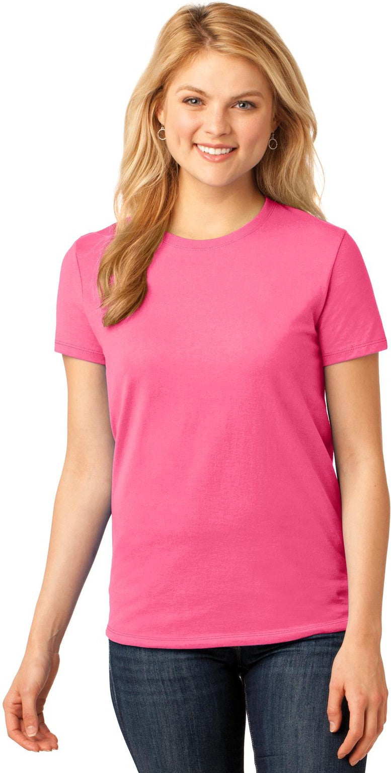Front View of Neon Pink Port & Co Women's Core Cotton Tee. LPC54