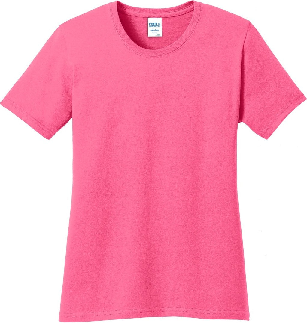 Front View of Neon Pink Port & Co Women's Core Cotton Tee. LPC54