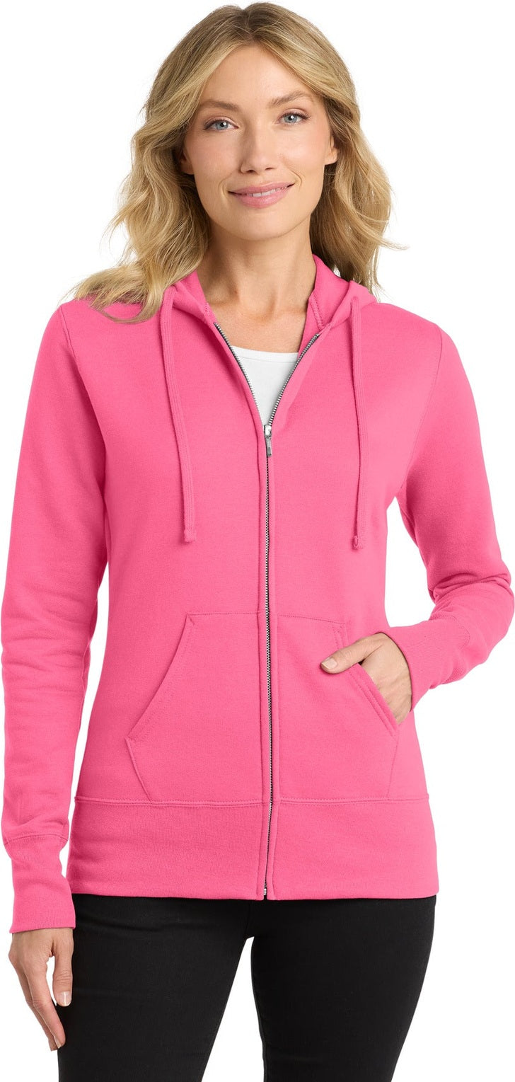 Front View of Neon Pink Port & Co Women's Core Fleece Full-Zip Hooded Sweatshirt. LPC78ZH