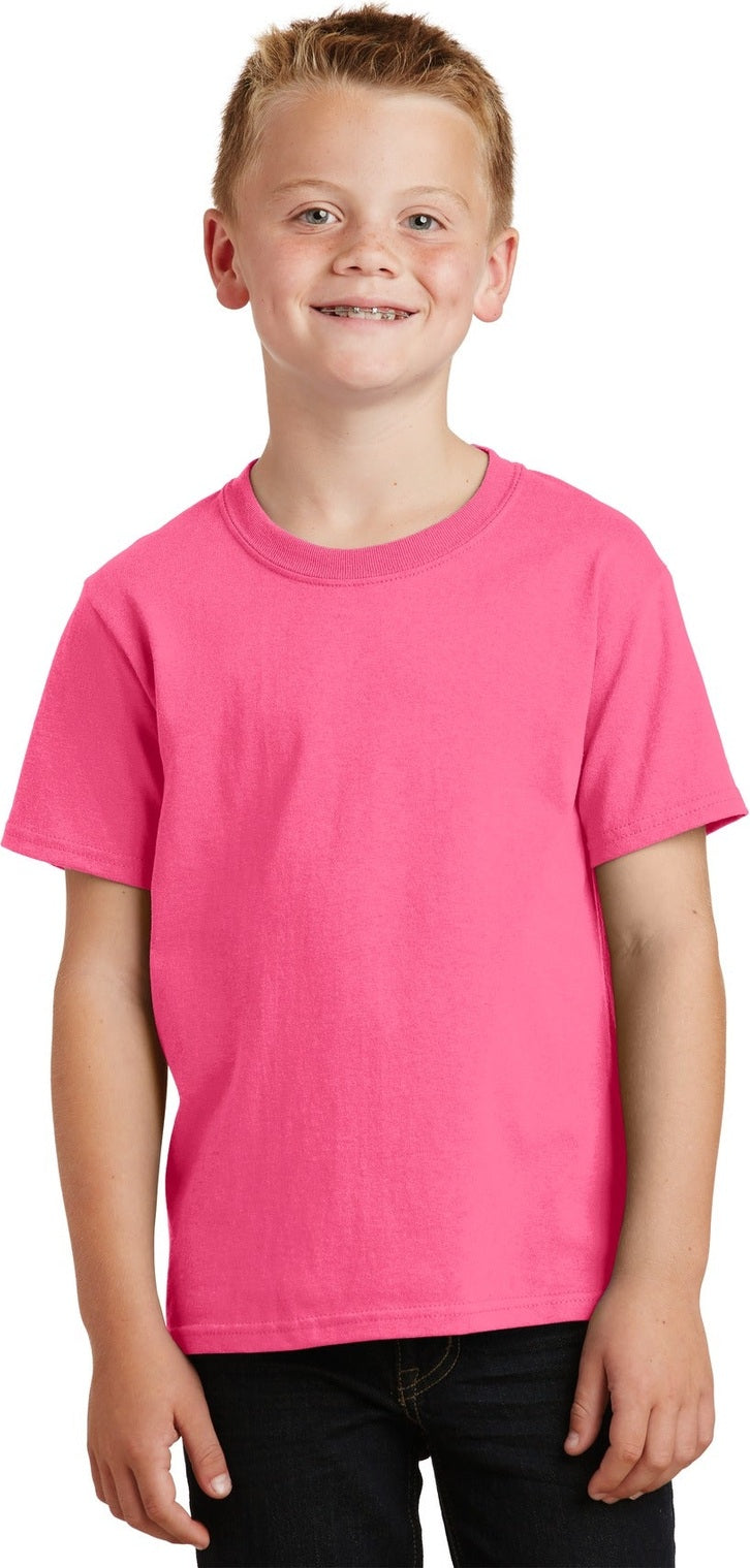 Front View of Neon Pink Port & Co Youth Core Cotton Tee. PC54Y