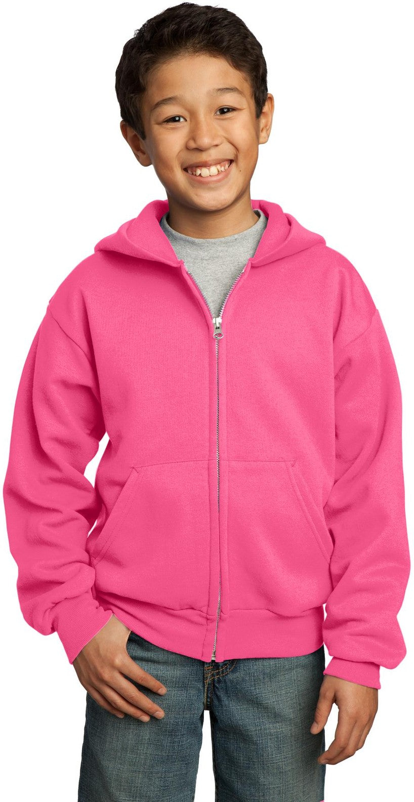 Front View of Neon Pink Port & Co Youth Core Fleece Full-Zip Hooded Sweatshirt. PC90YZH