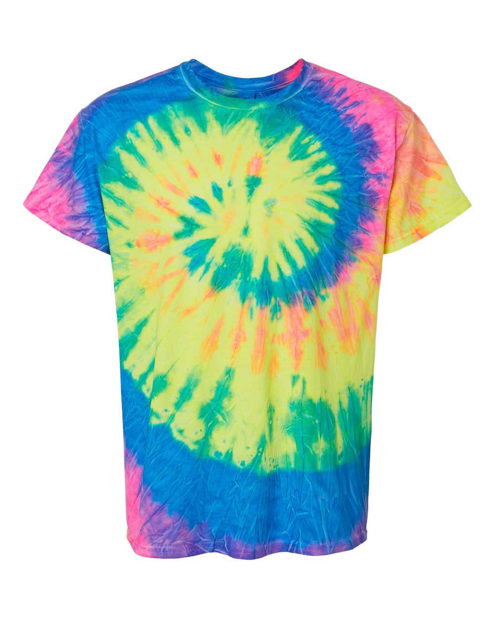 Front View of Neon Rainbow Multi-Color Tie-Dyed T-Shirt - 1000