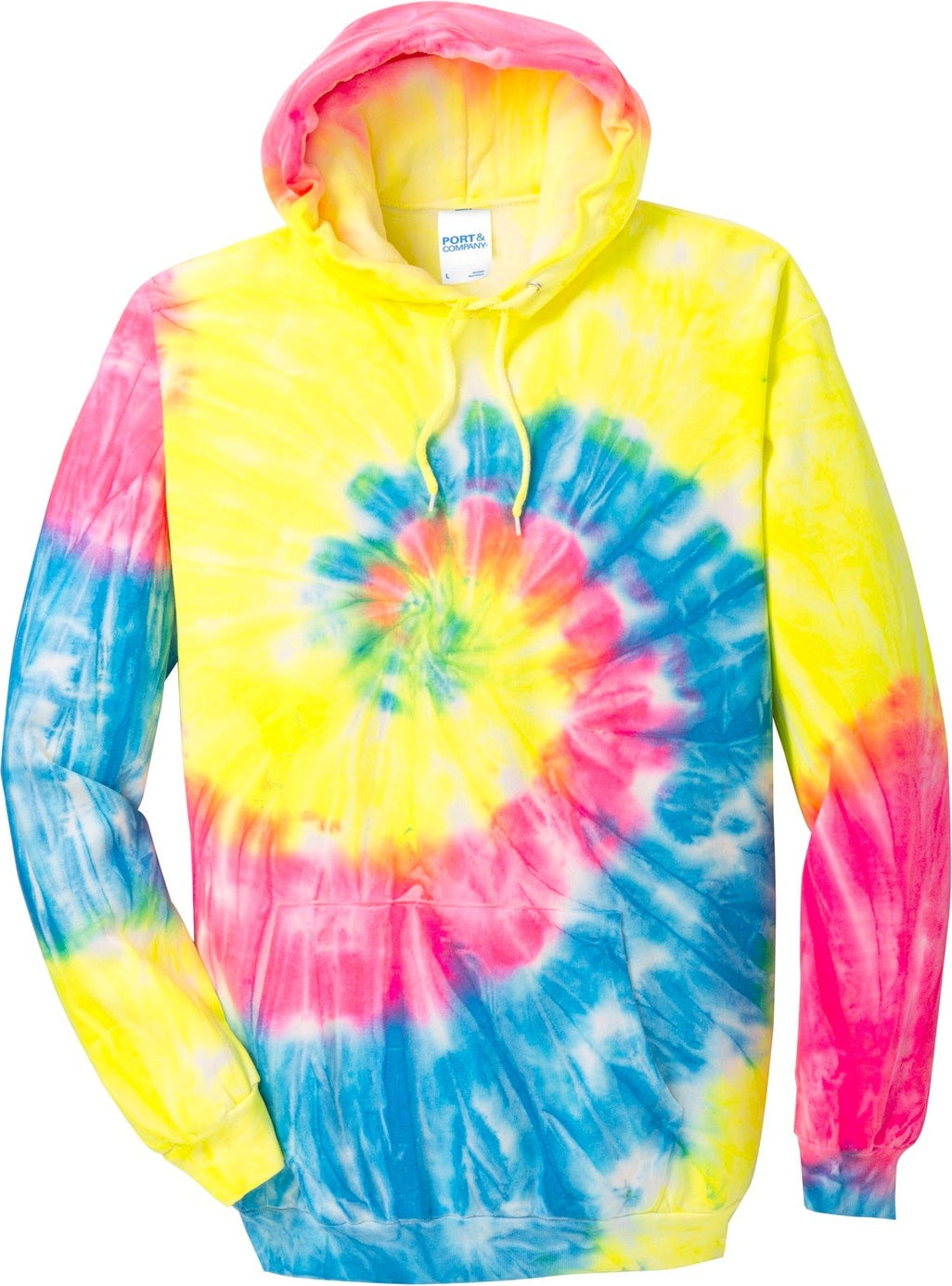 Front View of Neon Rainbow Port & Co Tie-Dye Pullover Hooded Sweatshirt. PC146