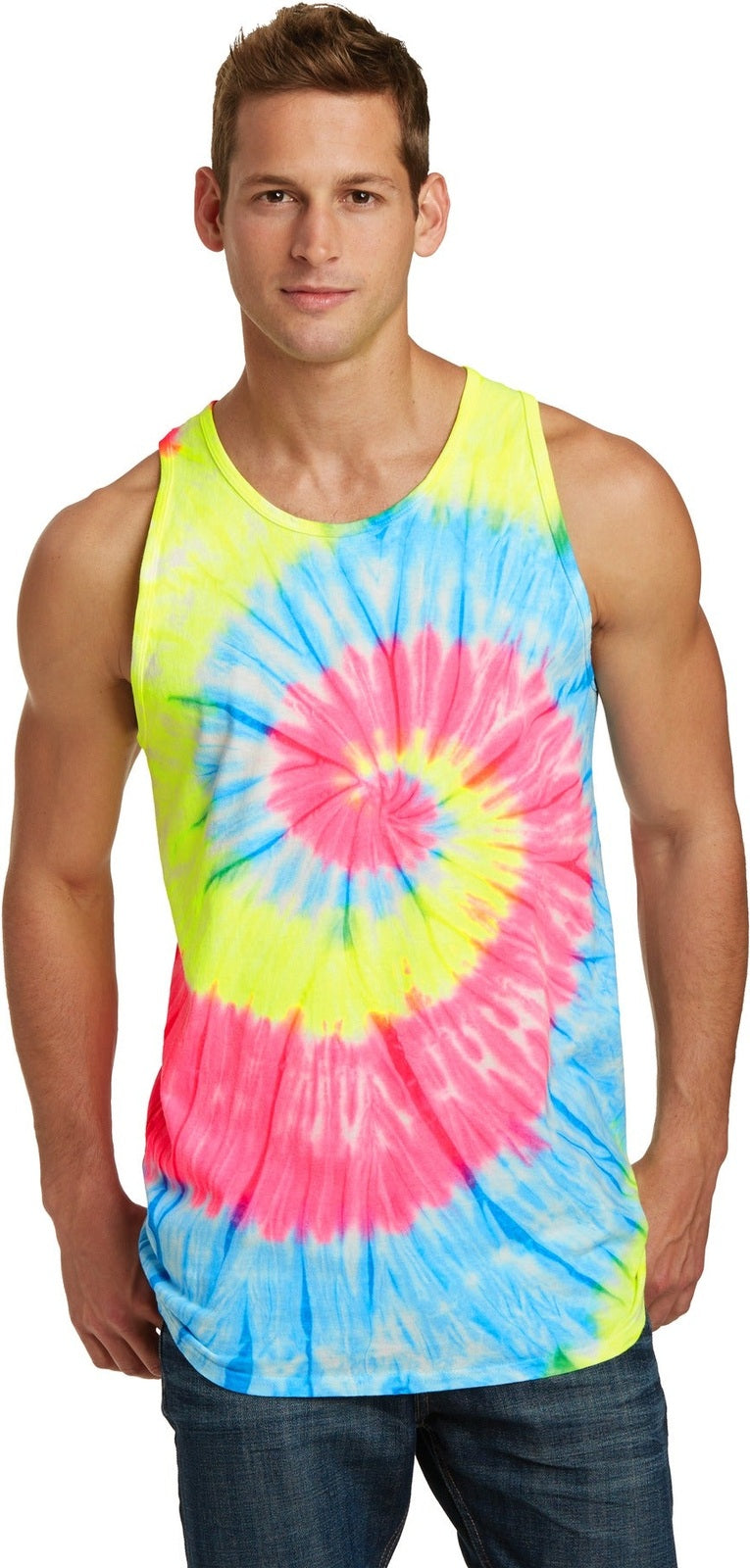 Front View of Neon Rainbow Port & Co Tie-Dye Tank Top. PC147TT