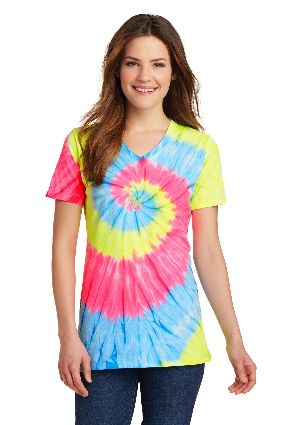 Front View of Neon Rainbow Port & Co Women's Tie-Dye V-Neck Tee. LPC147V