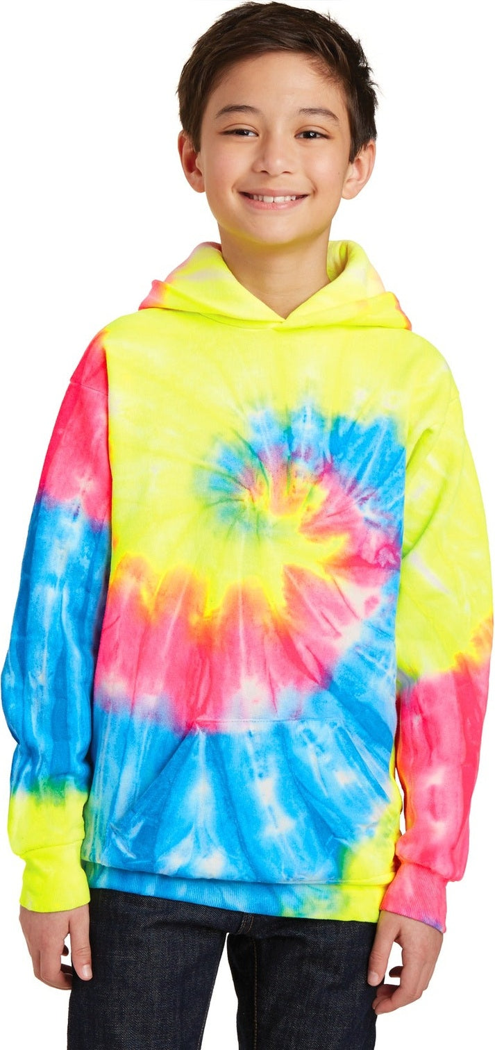 Front View of Neon Rainbow Port & Co Youth Tie-Dye Pullover Hooded Sweatshirt. PC146Y