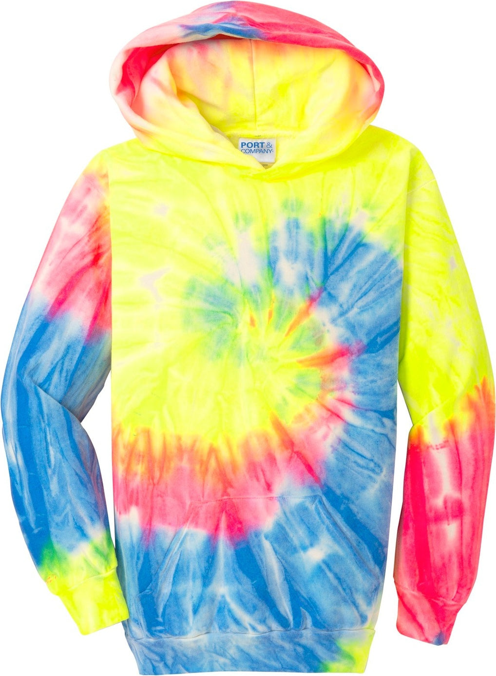 Front View of Neon Rainbow Port & Co Youth Tie-Dye Pullover Hooded Sweatshirt. PC146Y
