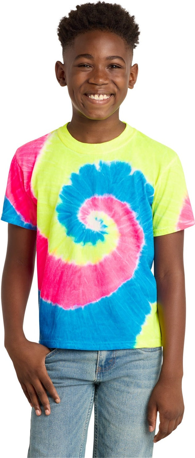 Front View of Neon Rainbow Port & Co Youth Tie-Dye Tee. PC147Y