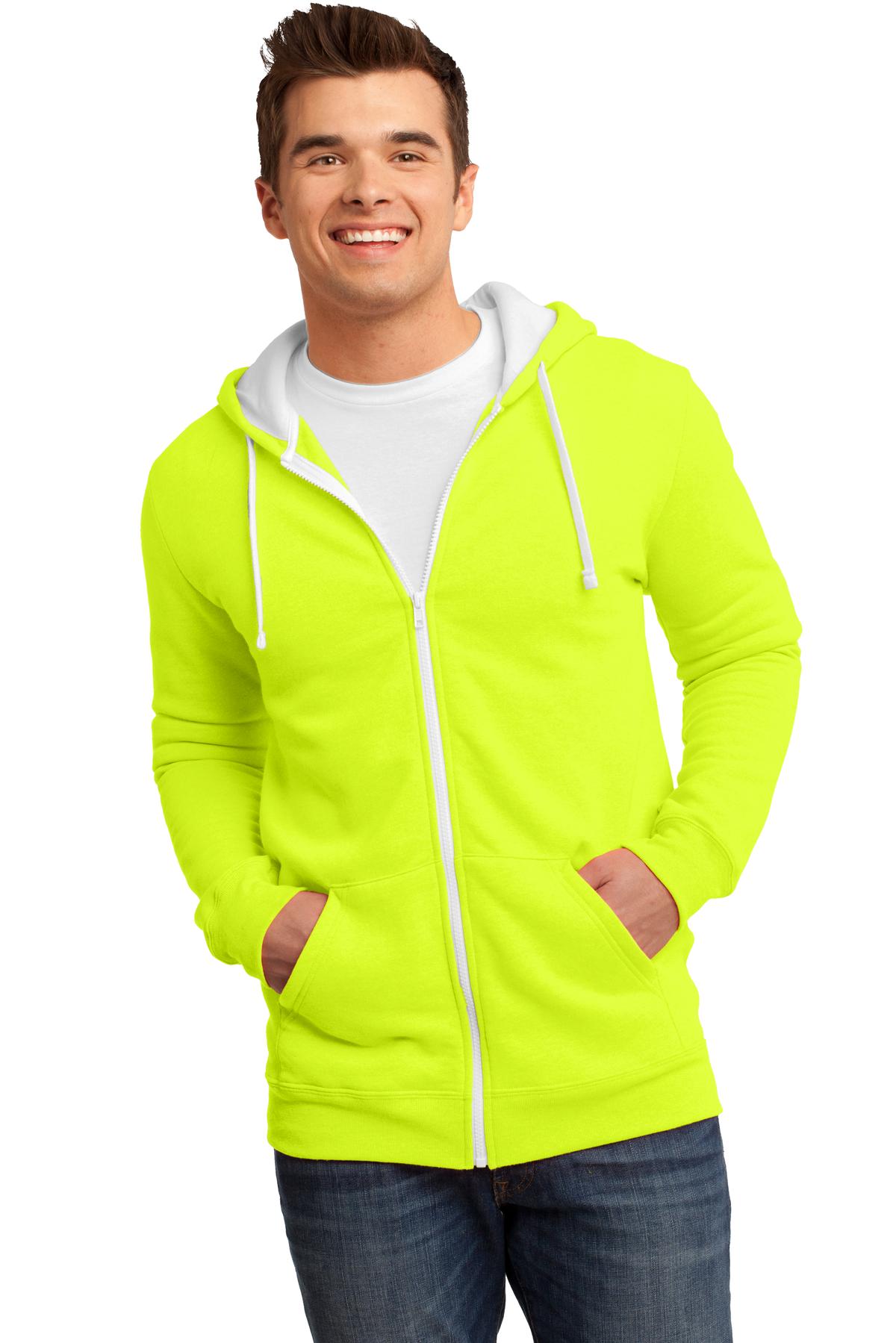 Front View of Neon Yellow District The Concert Fleece Full-Zip Hoodie. DT800