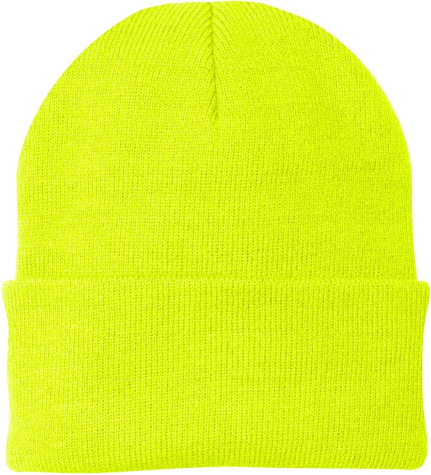 Front View of Neon Yellow Port Authority Knit Cap. CP90