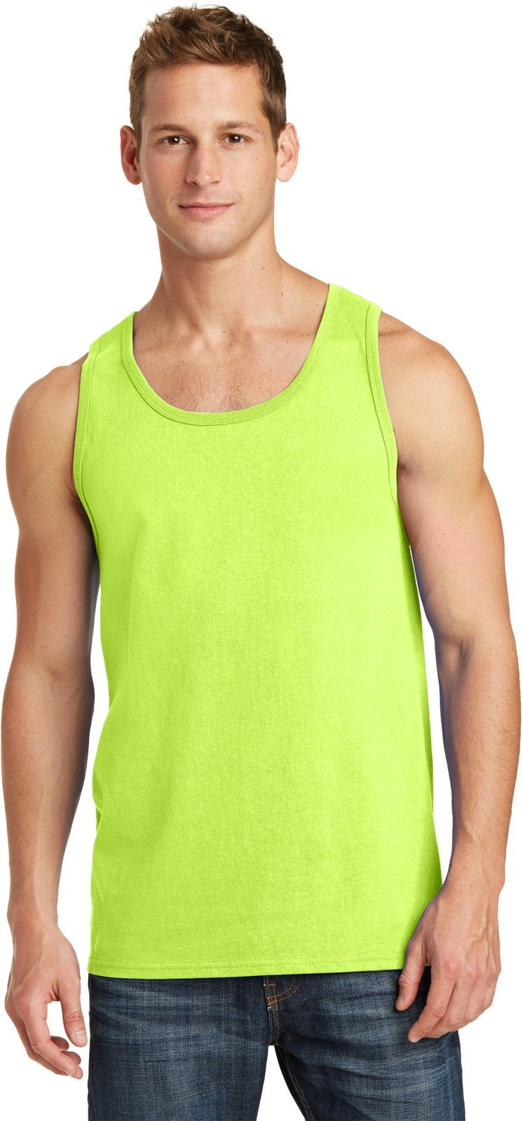Front View of Neon Yellow Port & Co Core Cotton Tank Top. PC54TT