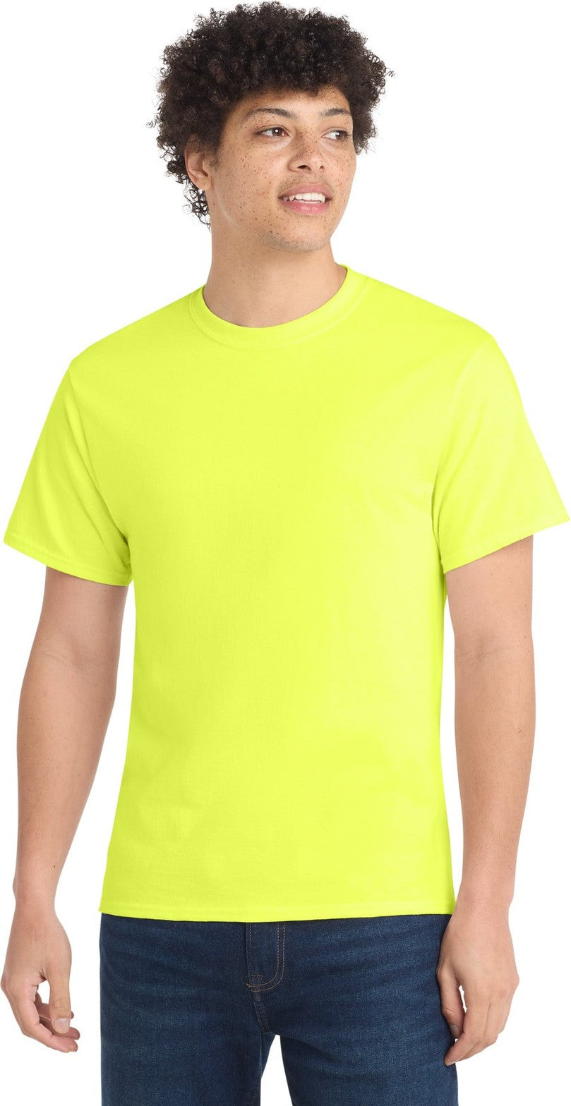 Front View of Neon Yellow Port & Co Core Cotton Tee. PC54
