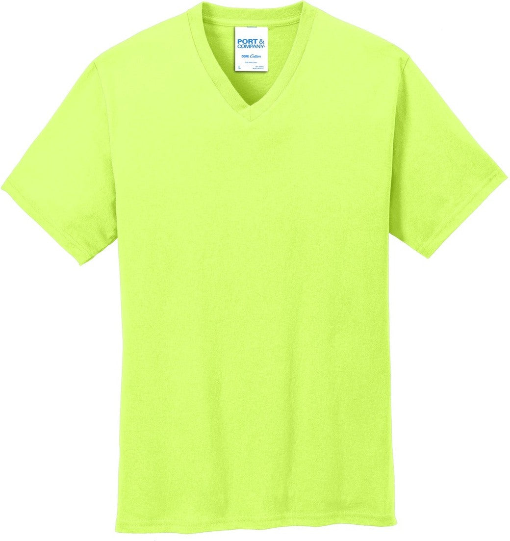 Front View of Neon Yellow Port & Co Core Cotton V-Neck Tee. PC54V