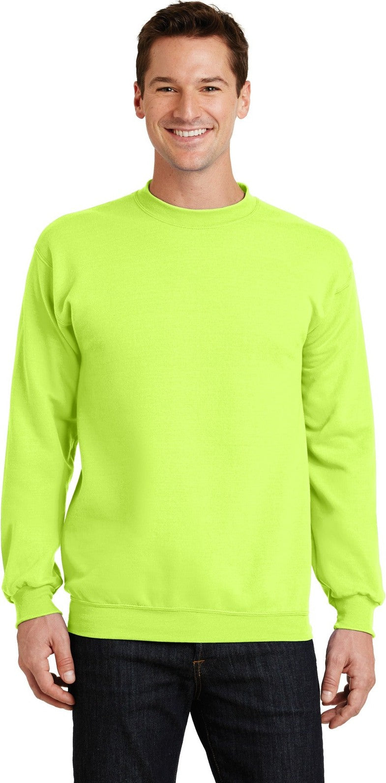 Front View of Neon Yellow Port & Co Core Fleece Crewneck Sweatshirt. PC78