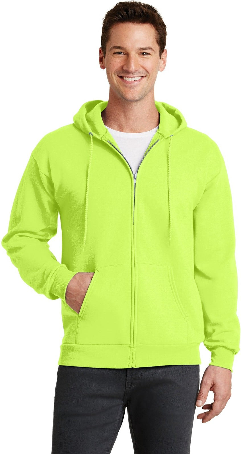 Front View of Neon Yellow Port & Co Core Fleece Full-Zip Hooded Sweatshirt. PC78ZH