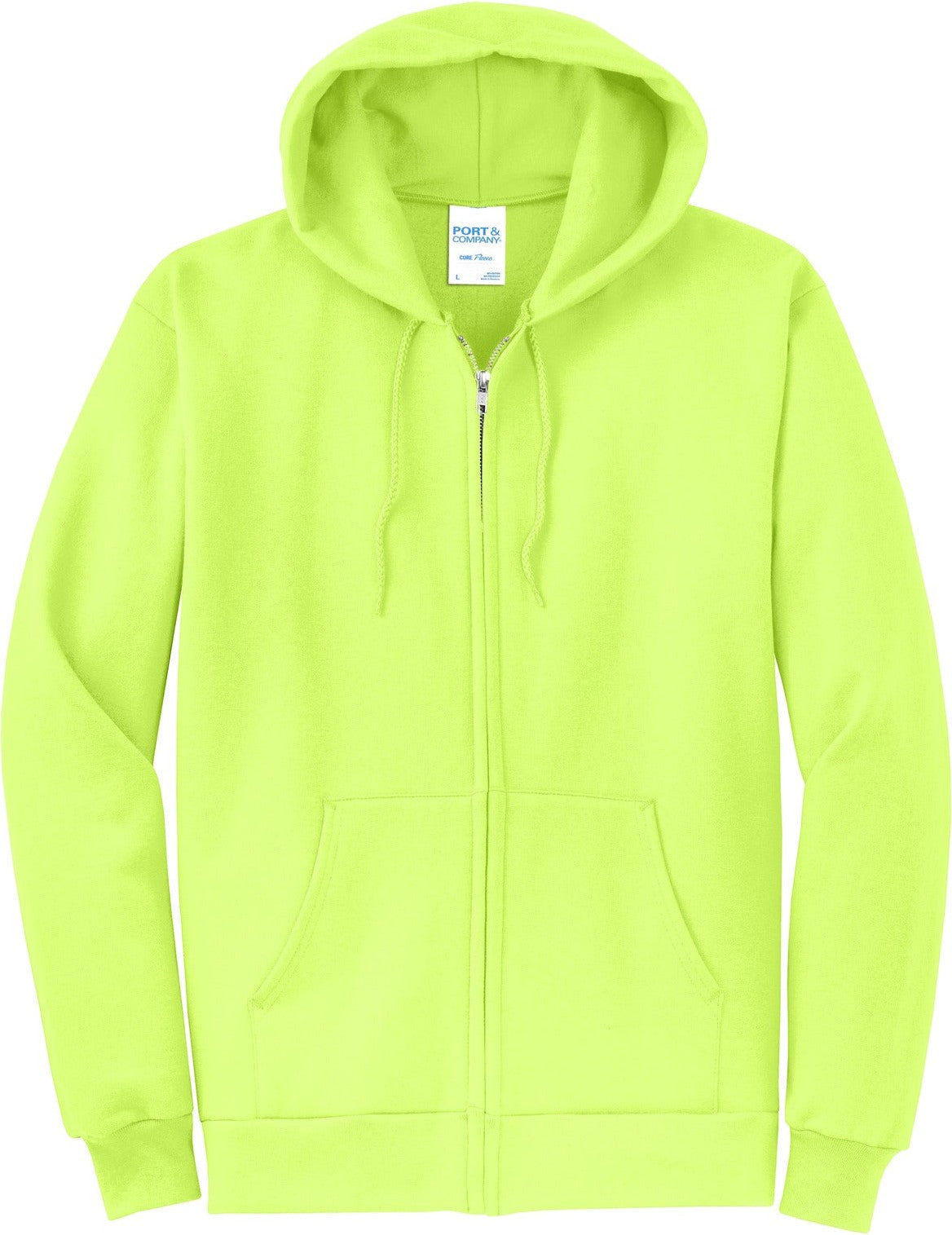 Front View of Neon Yellow Port & Co Core Fleece Full-Zip Hooded Sweatshirt. PC78ZH