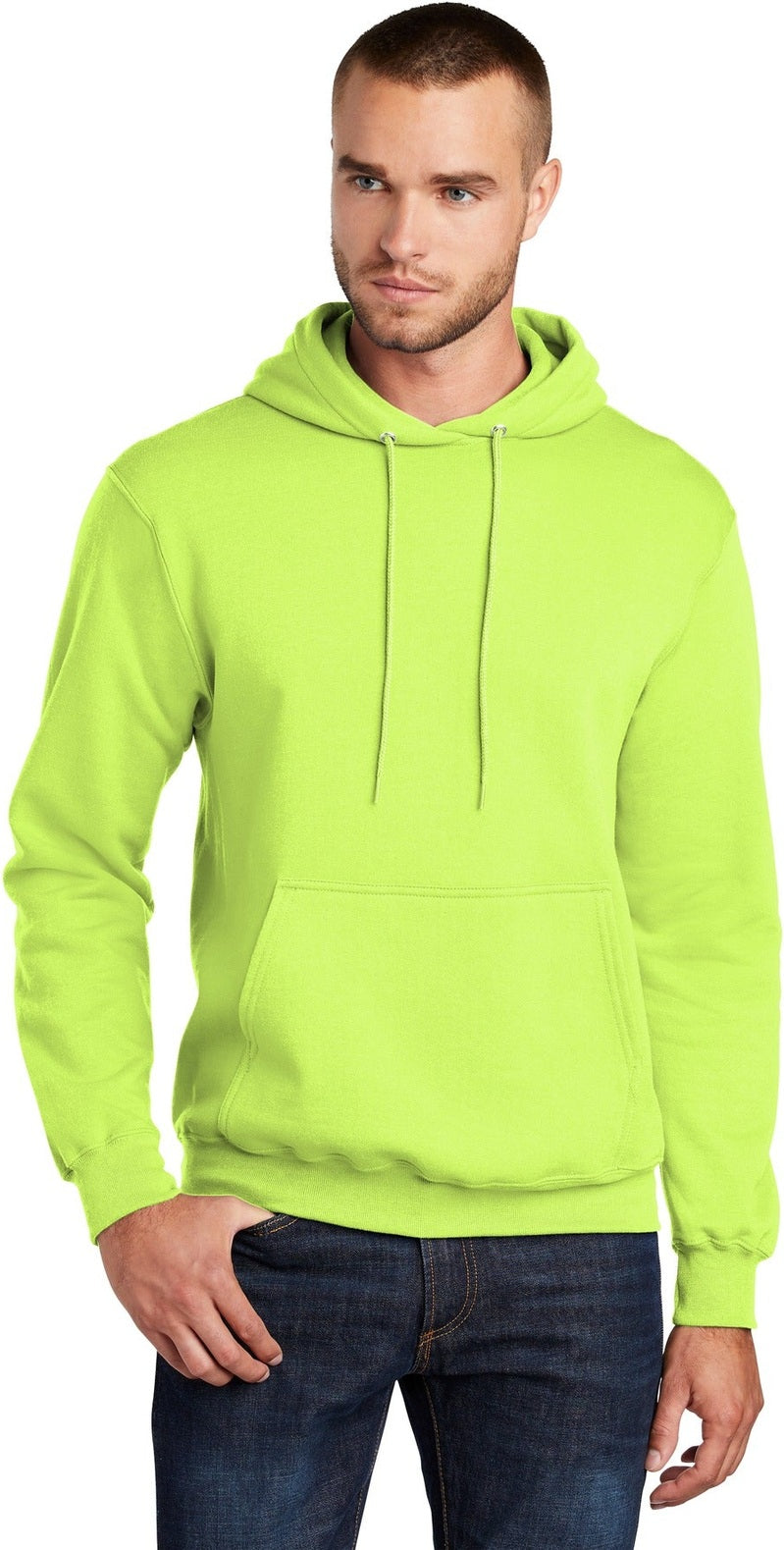 Front View of Neon Yellow Port & Co Core Fleece Pullover Hooded Sweatshirt. PC78H