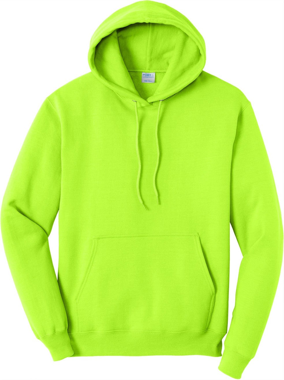 Front View of Neon Yellow Port & Co Core Fleece Pullover Hooded Sweatshirt. PC78H