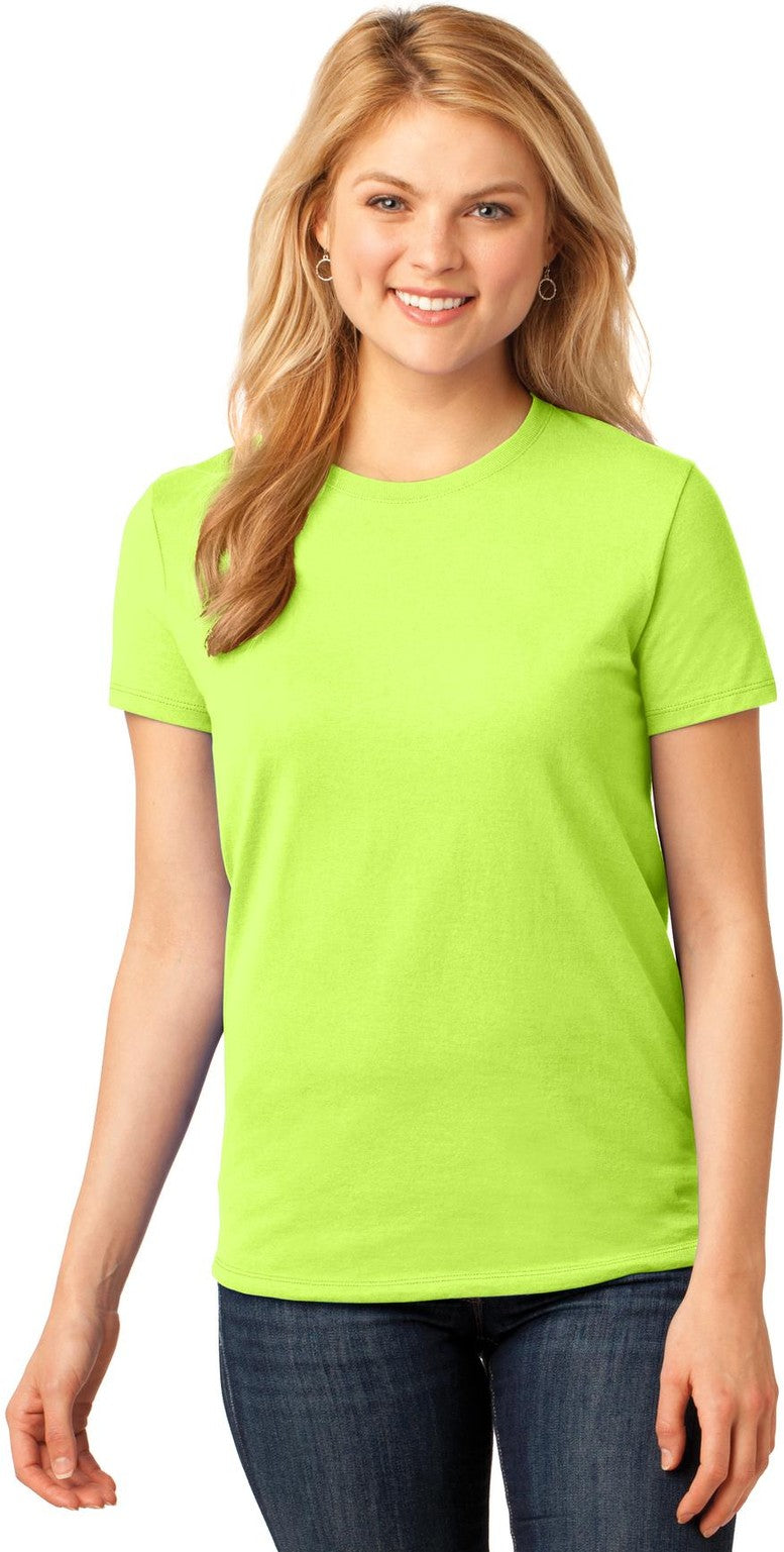 Front View of Neon Yellow Port & Co Women's Core Cotton Tee. LPC54