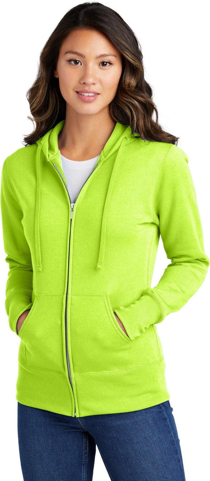 Front View of Neon Yellow Port & Co Women's Core Fleece Full-Zip Hooded Sweatshirt. LPC78ZH