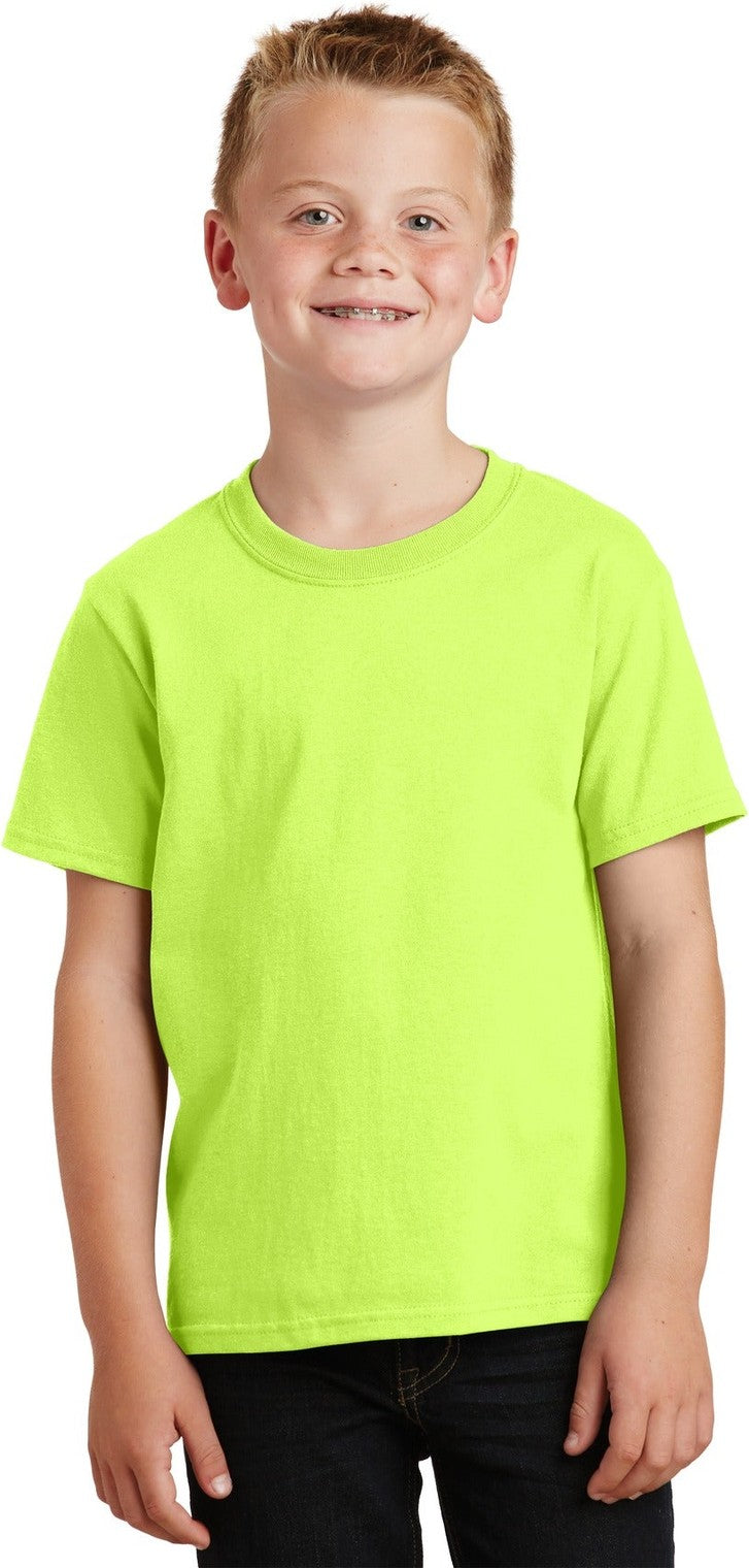 Front View of Neon Yellow Port & Co Youth Core Cotton Tee. PC54Y
