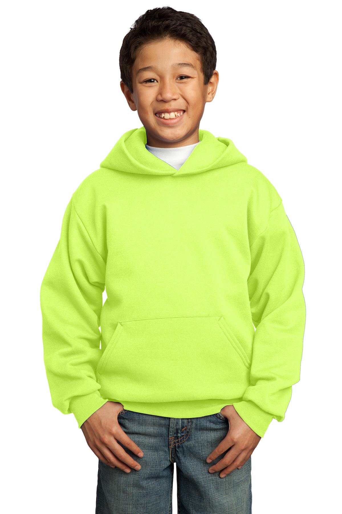 Front View of Neon Yellow Port & Co Youth Core Fleece Pullover Hooded Sweatshirt. PC90YH