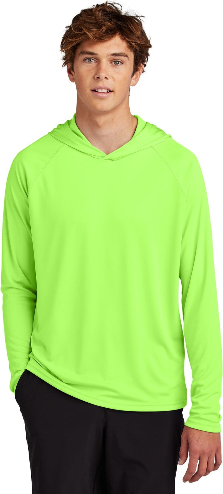 Front View of NeonGreen Port & Co Performance Pullover Hooded Tee PC380H