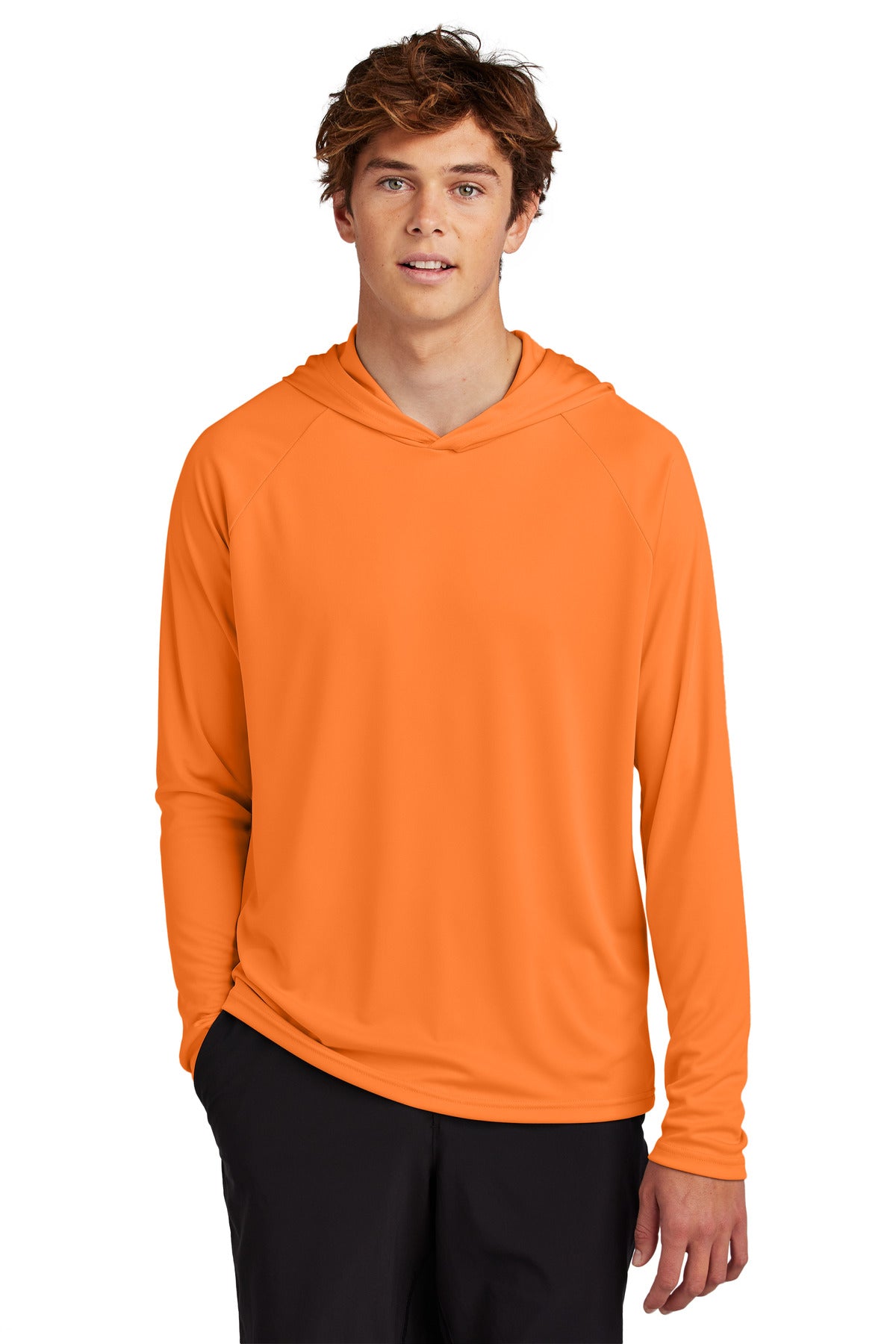 Front View of NeonOrange Port & Co Performance Pullover Hooded Tee PC380H