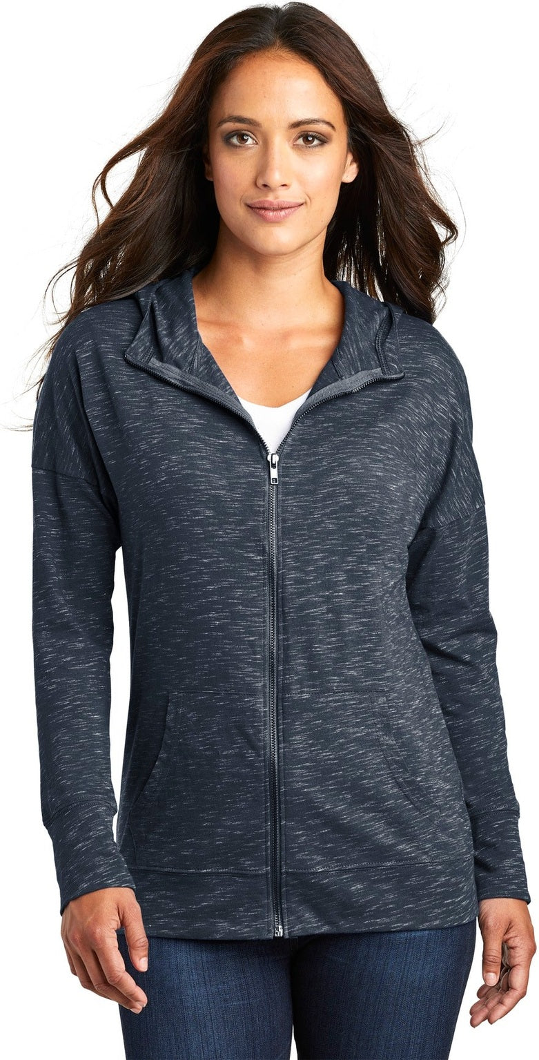 Front View of New Navy District Women's Medal Full-Zip Hoodie. DT665