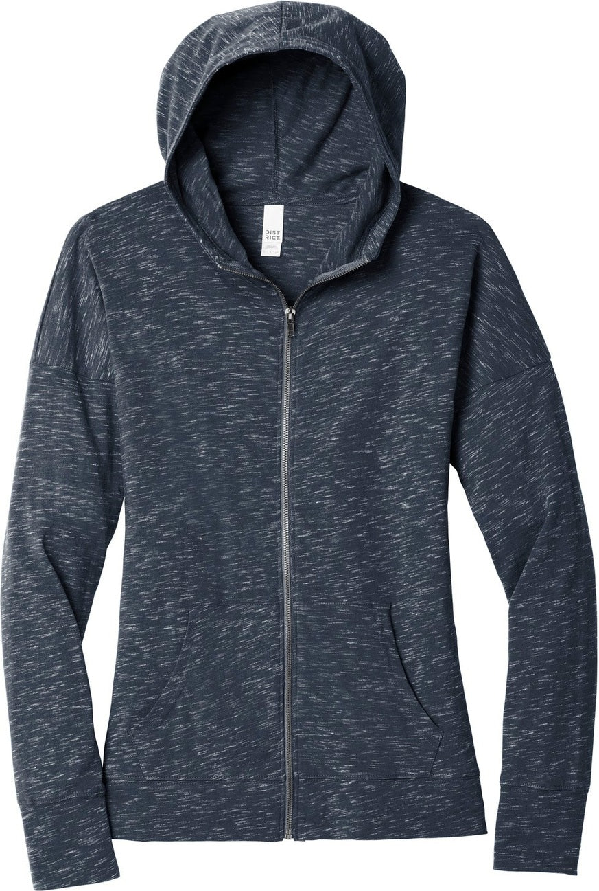 Front View of New Navy District Women's Medal Full-Zip Hoodie. DT665