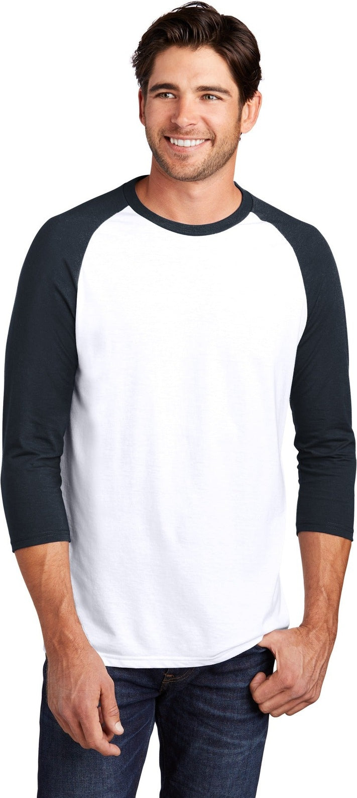 Front View of New Navy/White District Perfect Tri 3/4-Sleeve Raglan. DM136