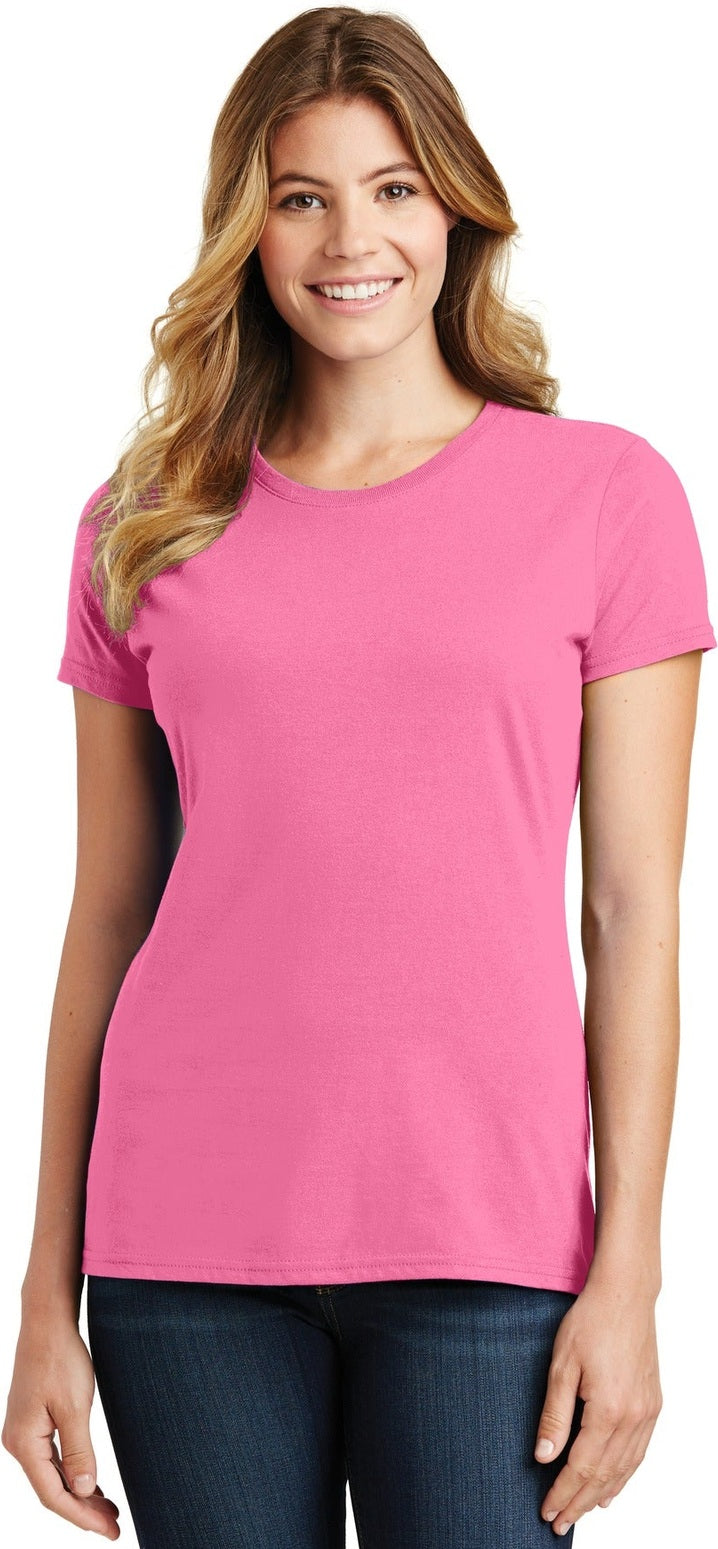 Front View of New Pink Port & Co Women's Fan Favorite Tee. LPC450