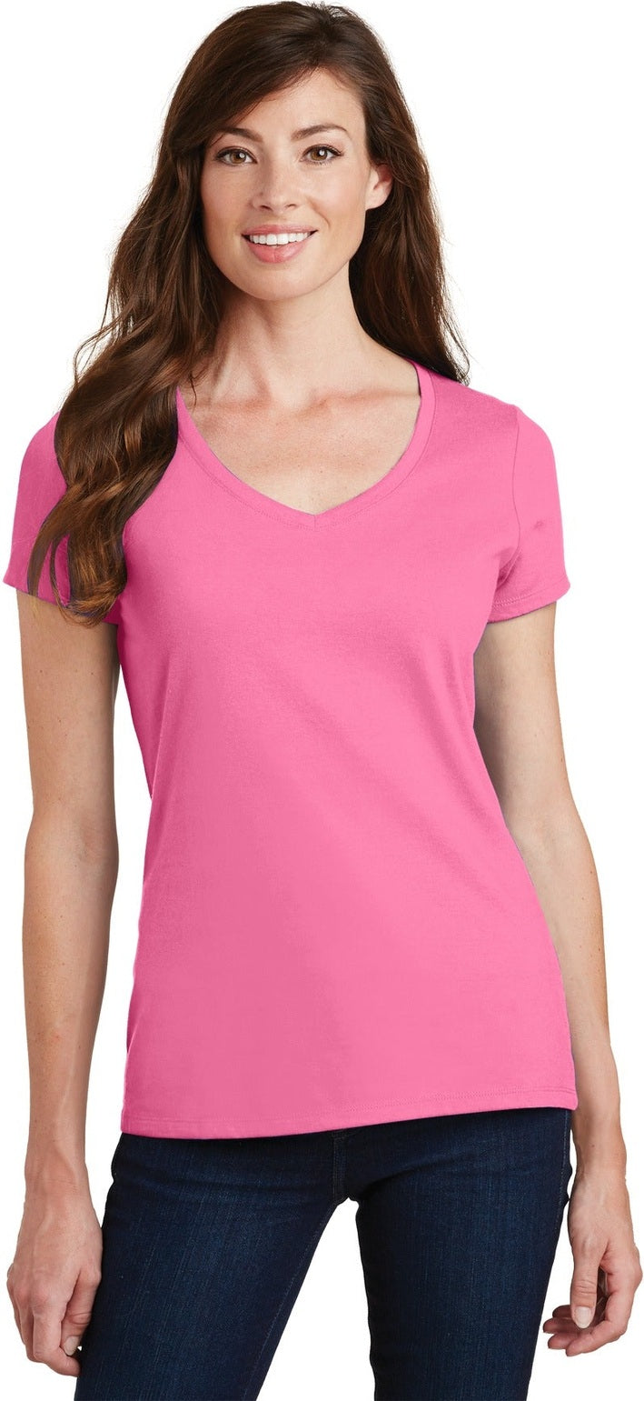 Front View of New Pink Port & Co Women's Fan Favorite V-Neck Tee. LPC450V