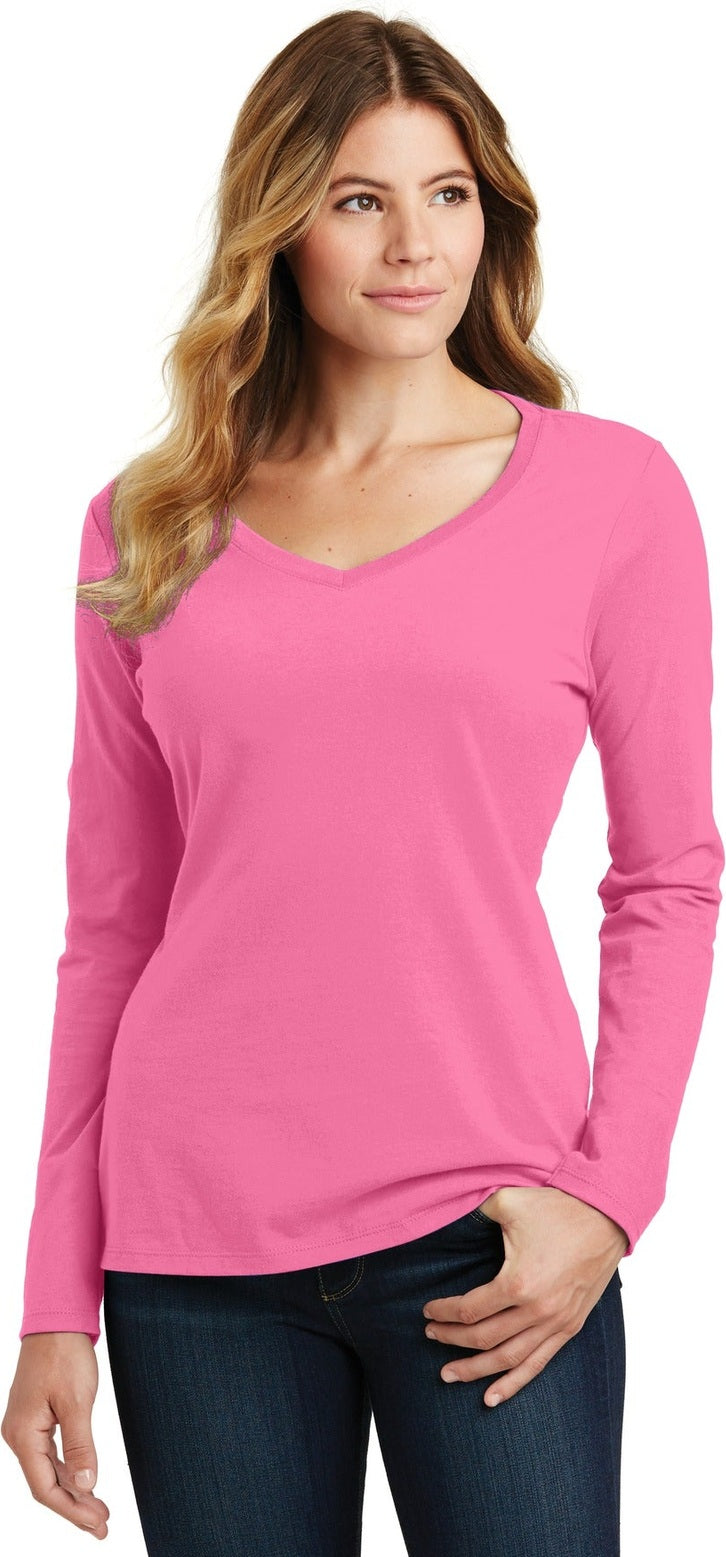 Front View of New Pink Port & Co Women's Long Sleeve Fan Favorite V-Neck Tee. LPC450VLS