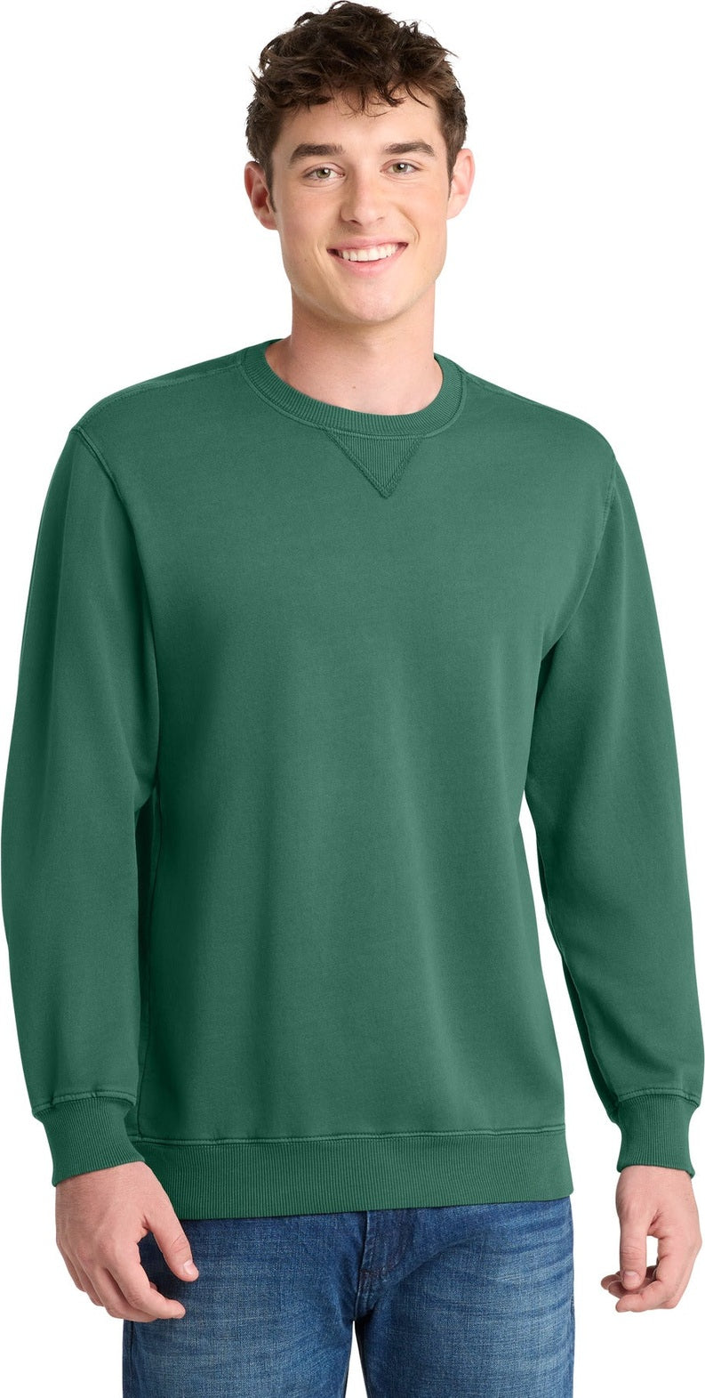 Front View of NordicGrn Port & Co Beach Wash Garment-Dyed Crewneck Sweatshirt PC098