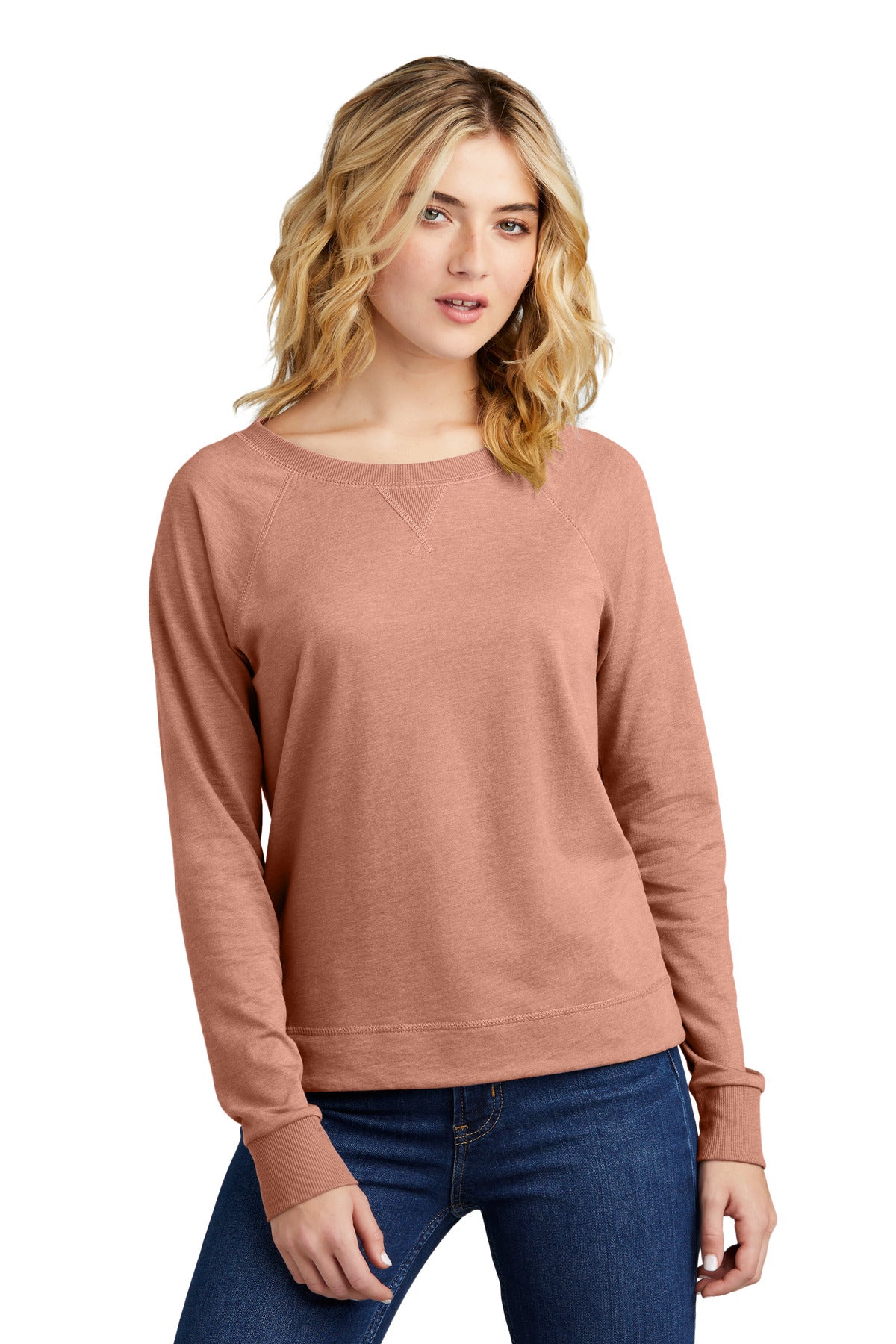 Front View of NstlgaRseH District Women's Featherweight French Terry Long Sleeve Crewneck DT672