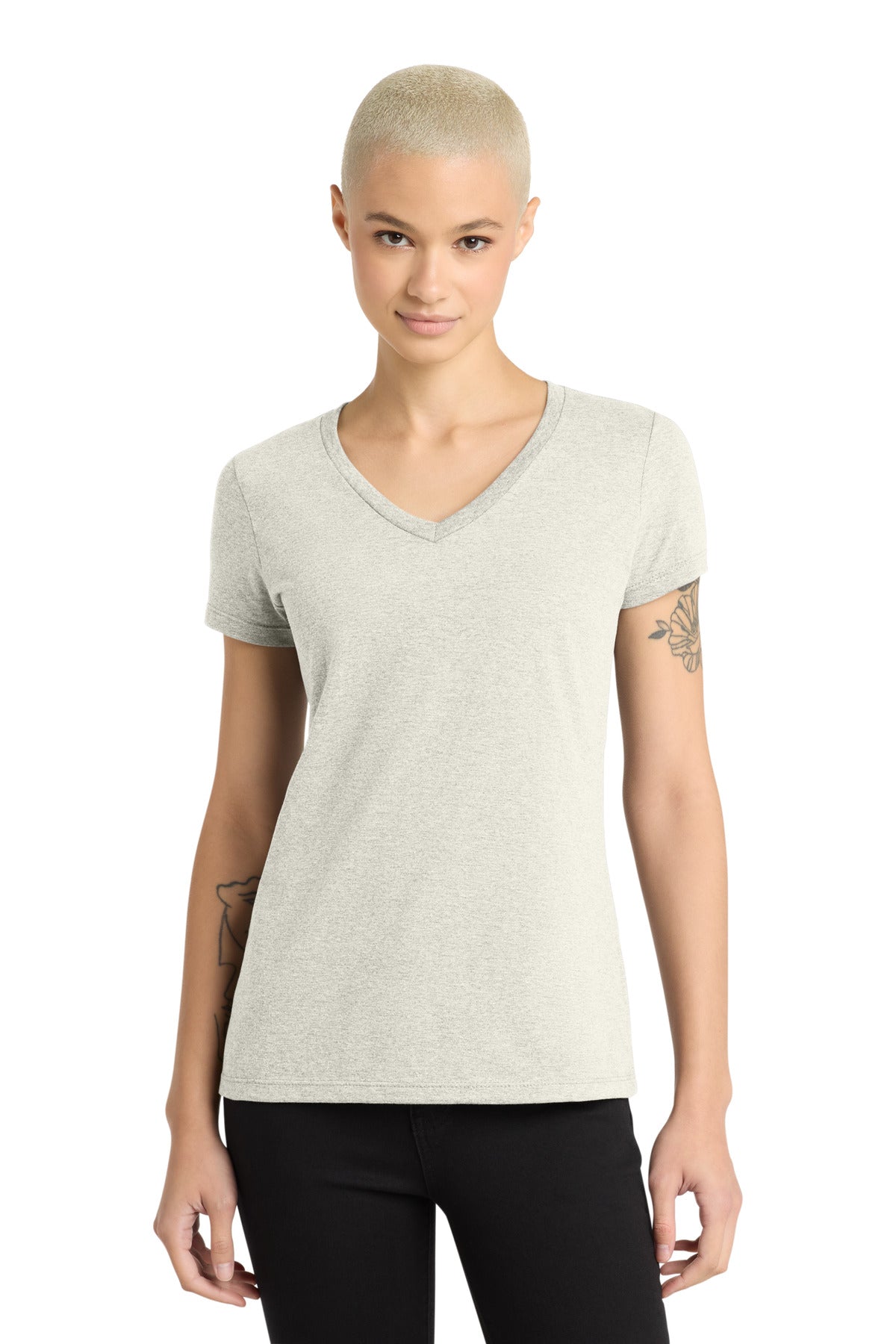 Front View of OatHthr District - Women's Perfect Weight V-Neck Tee. DM1170L