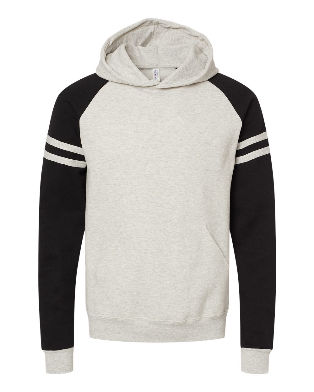 Front View of Oatmeal Heather/ Black Ink Nublend® Varsity Colorblocked Raglan Hooded Sweatshirt - 97CR