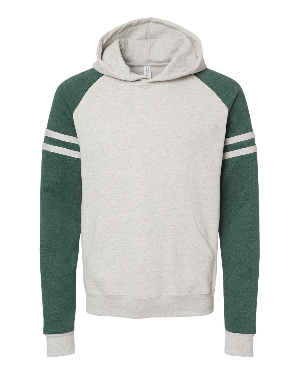 Front View of Oatmeal Heather/ Forest Green Heather Nublend® Varsity Colorblocked Raglan Hooded Sweatshirt - 97CR