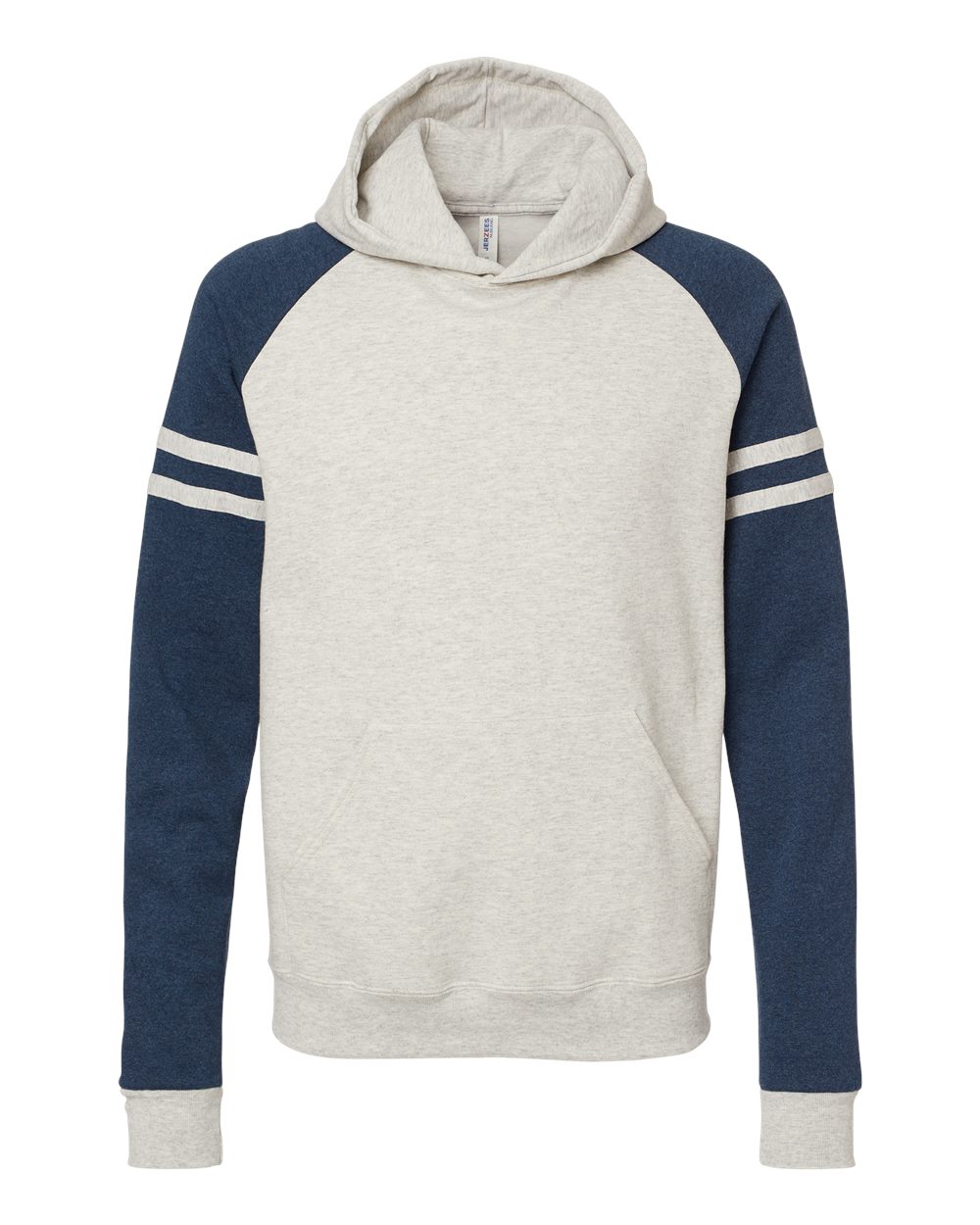 Front View of Oatmeal Heather/ Indigo Heather Nublend® Varsity Colorblocked Raglan Hooded Sweatshirt - 97CR