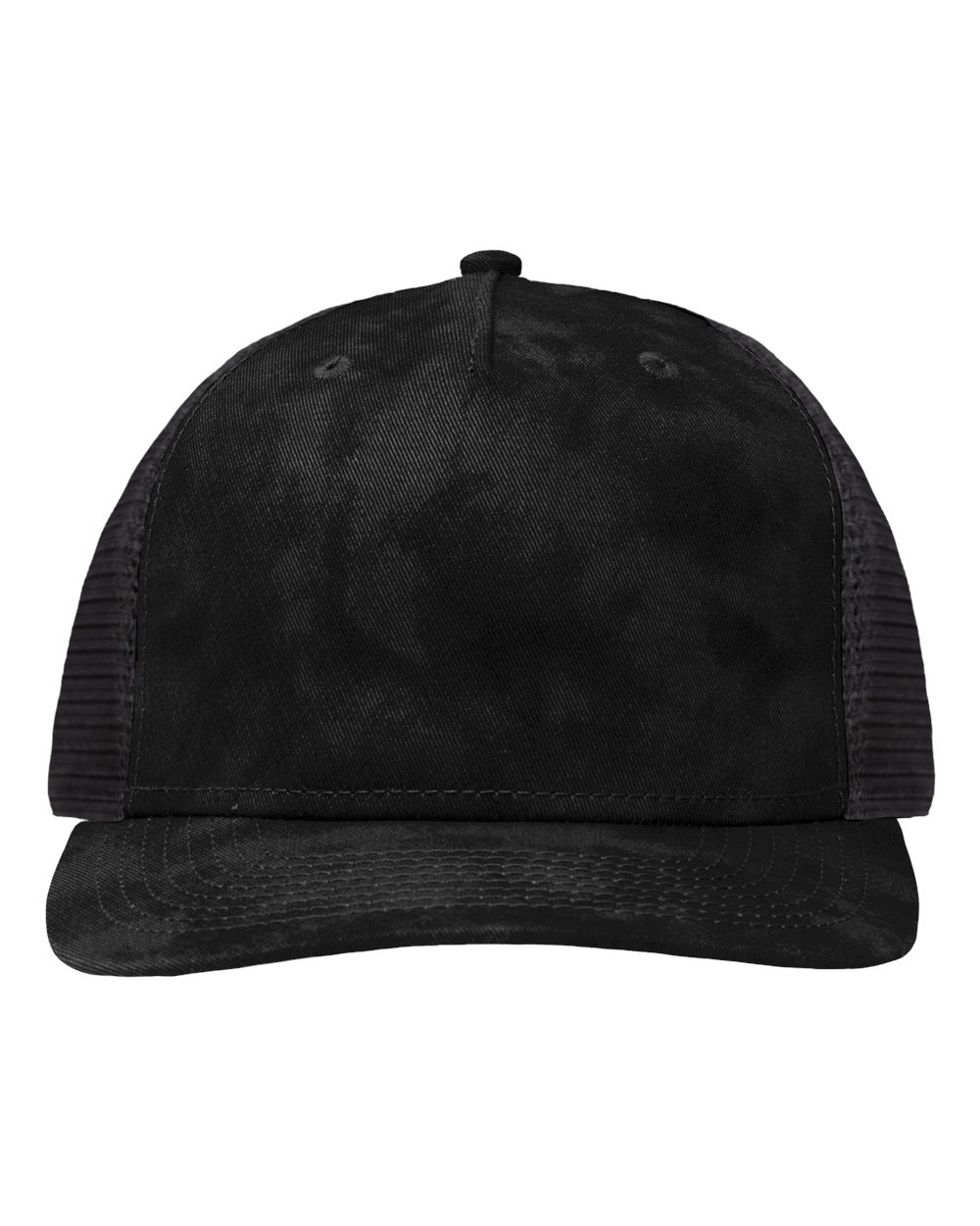 Front View of Old Wash Black/ Black Modern Five-Panel Trucker Fit Cap - SP1550