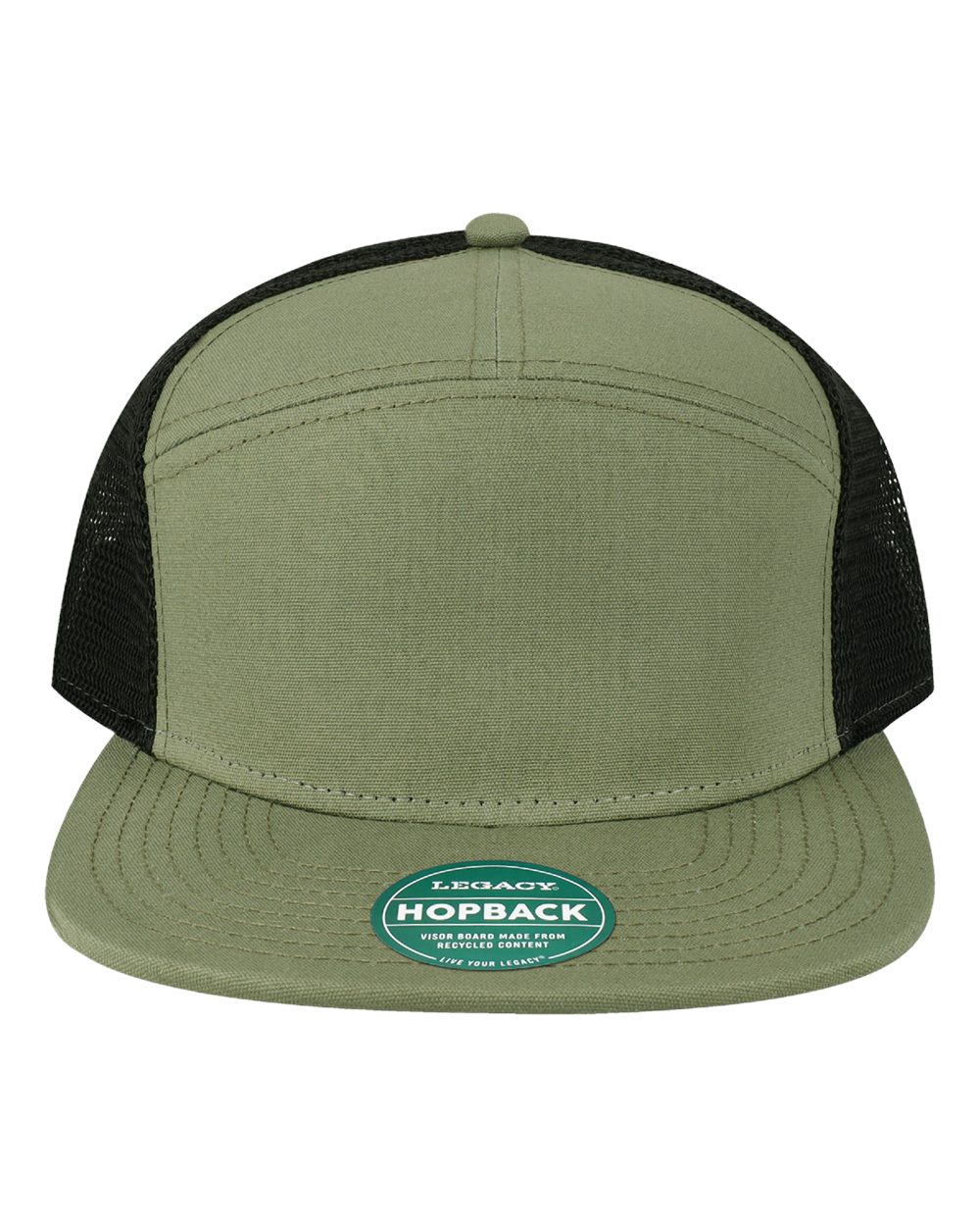 Front View of Olive/ Black Hopback Seven-Panel Trucker Cap - H7FB