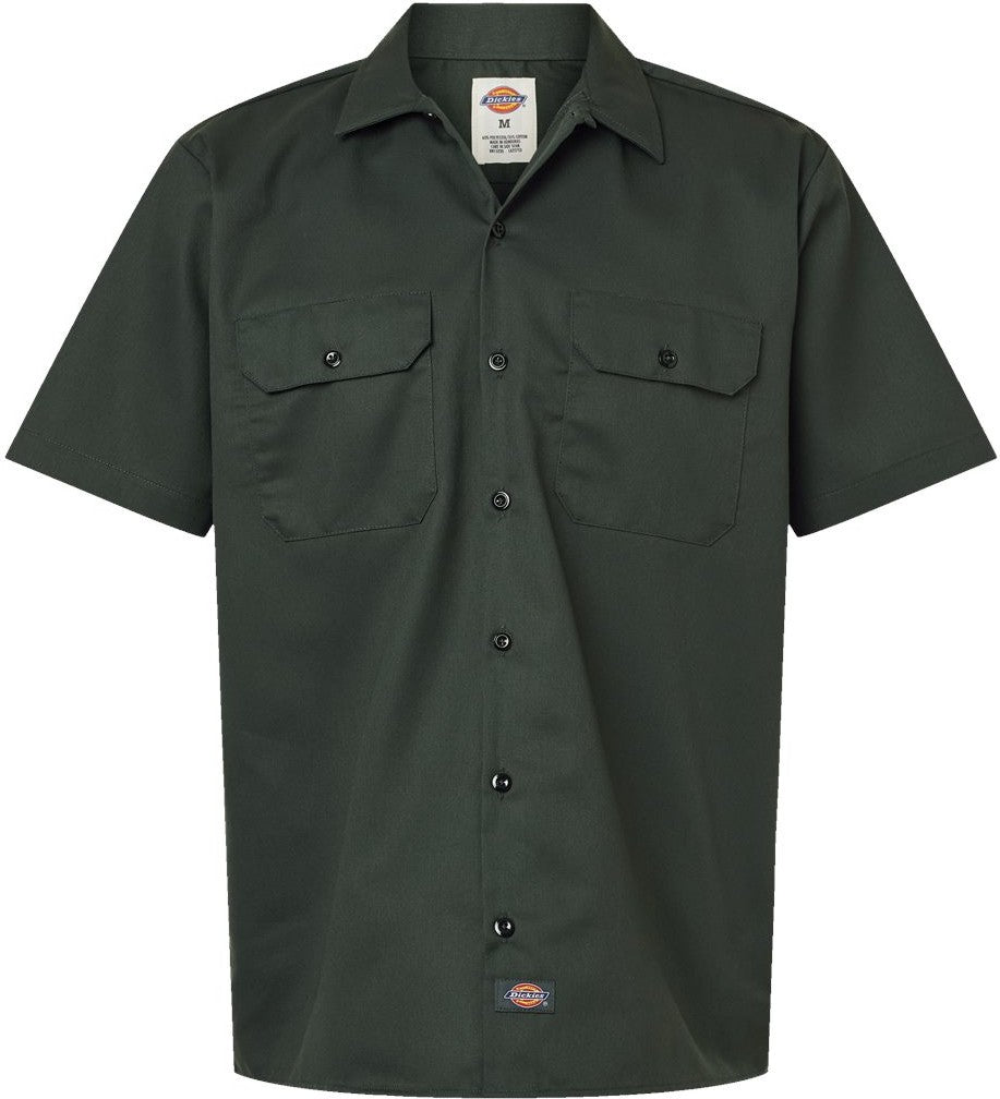 Front View of Olive Green Short Sleeve Work Shirt - 2574