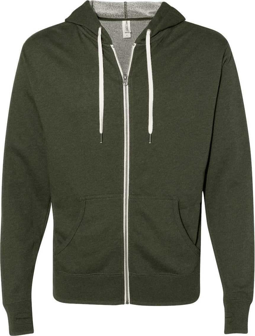 Front View of Olive Heather Heathered French Terry Full-Zip Hooded Sweatshirt - PRM90HTZ