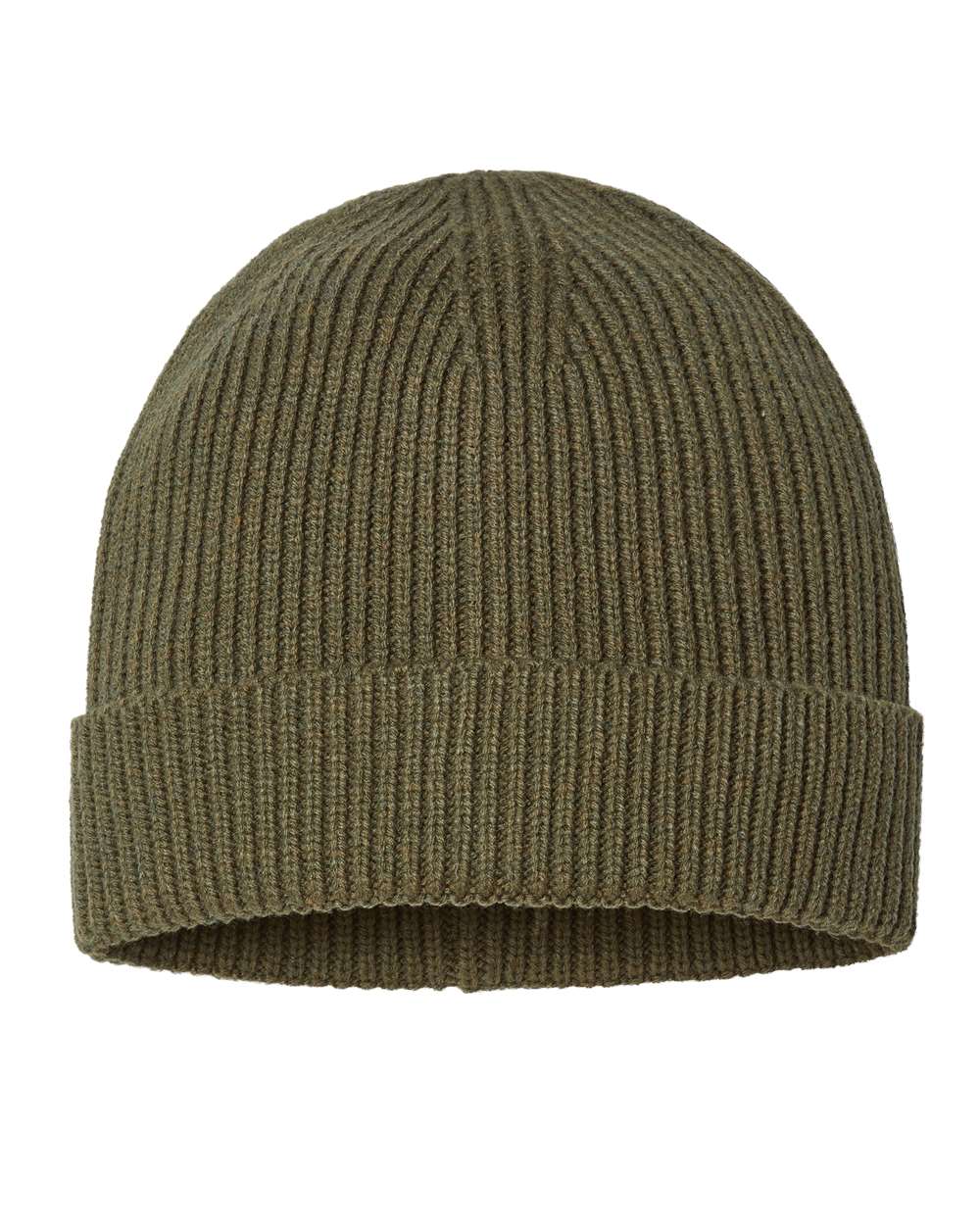 Front View of Olive Sustainable Fine Rib Cuffed Beanie - ANDY